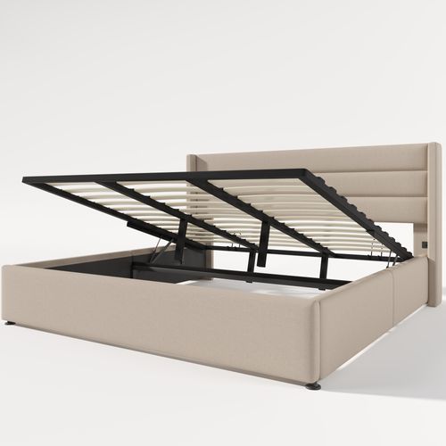 Lit Coffre 180x200 Cm En Tissu Beige, Tête De Lit Rembourrée, Rangement Hydraulique
