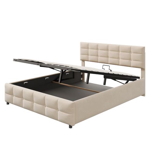 Lit Coffre 180x200 Cm En Velours Beige, Sommier Hydraulique, Tête De Lit Rembourrée
