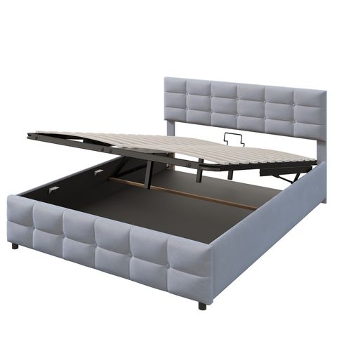 Lit Coffre Adulte 180x200 Cm En Velours Gris, Sommier, Tête De Lit Rembourrée