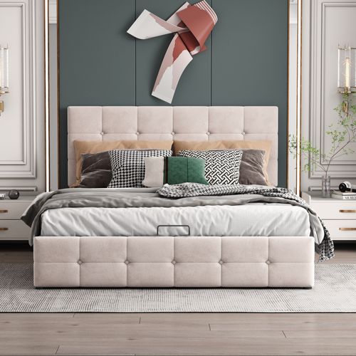 Lit Coffre 140x200 Cm Crème, Tête De Lit Réglable, Sommier Métal, Velours Doux, Avec Rangement