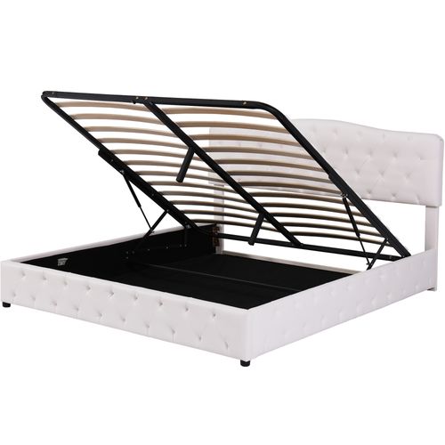 Lit Coffre 180x200 Cm, Tête Réglable, Simili Cuir Blanc, Avec Sommier