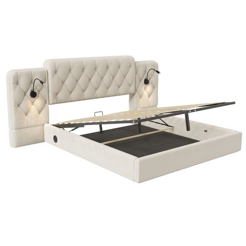 Lit 180x200 Cm Avec Tête De Lit, USB, LED, Rangement, Velours Beige