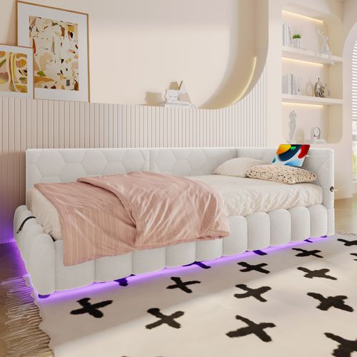 Lit Coffre Enfant 90x200cm, Avec Éclairage LED, Avec USB-c, Imitation Laine, Blanc