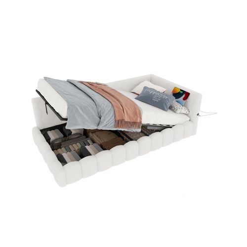 Lit Coffre Enfant 90x200cm, Avec Éclairage LED, Avec USB-c, Imitation Laine, Blanc