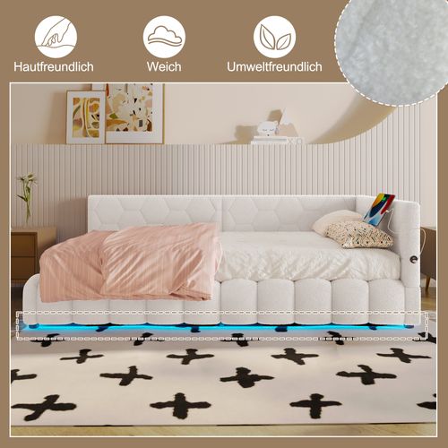 Lit Coffre Enfant 90x200cm, Avec Éclairage LED, Avec USB-c, Imitation Laine, Blanc