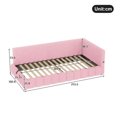 Lit Coffre Enfant 90x200cm, Avec Éclairage LED, Avec USB-c, Imitation Laine, Rose
