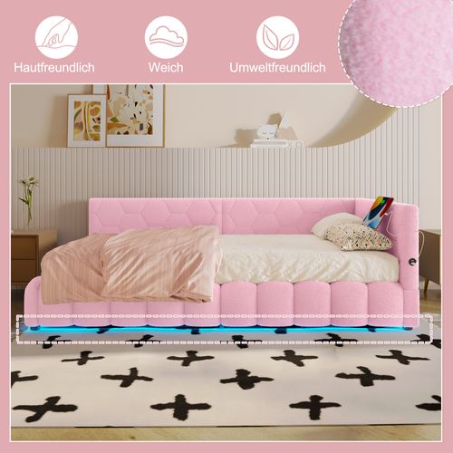 Lit Coffre Enfant 90x200cm, Avec Éclairage LED, Avec USB-c, Imitation Laine, Rose