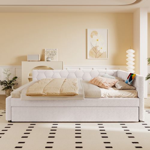 Lit Double Adulte 140x200cm, Avec Lit Gigogne, Lampe De Chevet, USB-c, Imitation Laine, Blanc