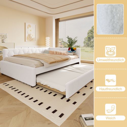 Lit Double Adulte 140x200cm, Avec Lit Gigogne, Lampe De Chevet, USB-c, Imitation Laine, Blanc