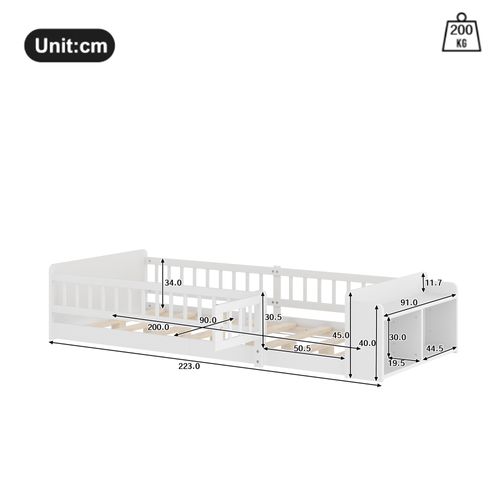 Lit Enfant 90x200cm, Rangement Ouvert, Avec Barrières Des Deux Côtés, Pin + Mdf, Blanc