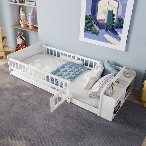 Lit Enfant 90x200cm, Rangement Ouvert, Avec Barrières Des Deux Côtés, Pin + Mdf, Blanc