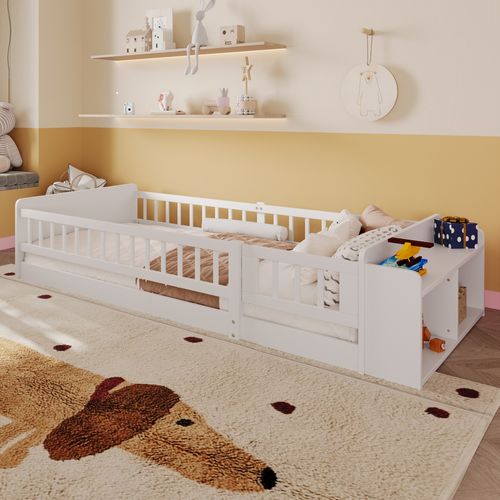 Lit Enfant 90x200cm, Rangement Ouvert, Avec Barrières Des Deux Côtés, Pin + Mdf, Blanc