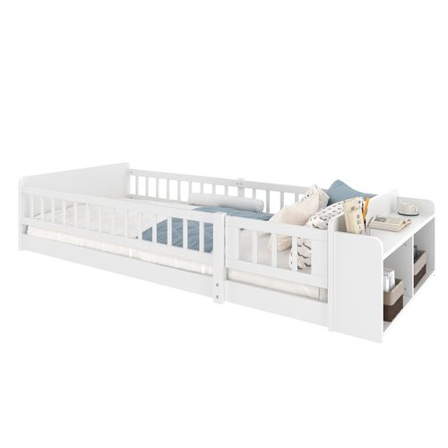 Lit Enfant 90x200cm, Rangement Ouvert, Avec Barrières Des Deux Côtés, Pin + Mdf, Blanc