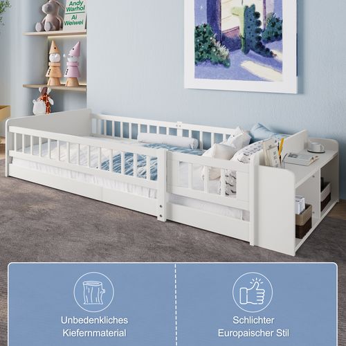 Lit Enfant 90x200cm, Rangement Ouvert, Avec Barrières Des Deux Côtés, Pin + Mdf, Blanc