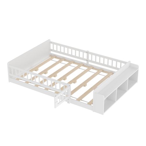 Lit Enfant 140x200cm, Rangement Ouvert, Avec Barrières Des Deux Côtés, Pin + Mdf, Blanc