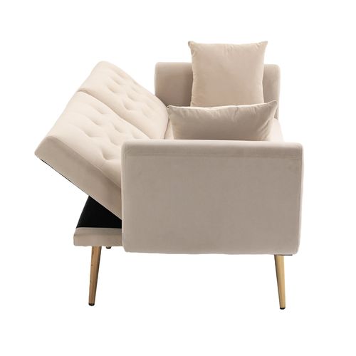 Canapé Deux Places Moderne En Velours 162x78x80cm, Dossier Réglable, 2 Coussins, Beige