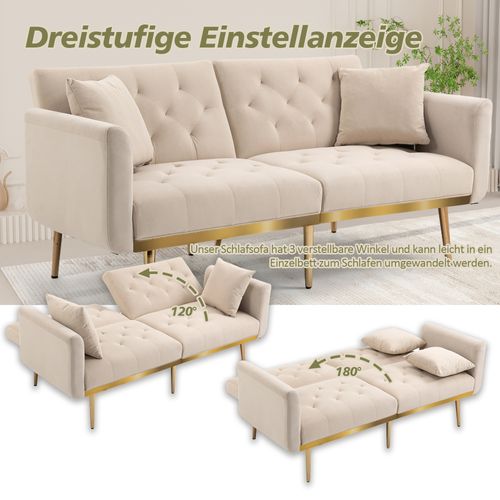 Canapé Deux Places Moderne En Velours 162x78x80cm, Dossier Réglable, 2 Coussins, Beige