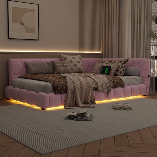 Lit Banquette 90x200 Cm Rose Avec LED 16 Couleurs, USB-c, Tissu Doux Imitation Laine