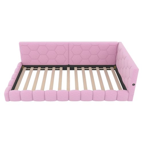 Lit Banquette 90x200 Cm Rose Avec LED 16 Couleurs, USB-c, Tissu Doux Imitation Laine