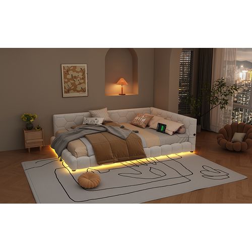 Lit Banquette 140x200 Cm Blanc Avec LED 16 Couleurs, USB-c, Tissu Doux Imitation Laine
