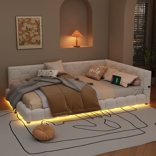 Lit Banquette 140x200 Cm Blanc Avec LED 16 Couleurs, USB-c, Tissu Doux Imitation Laine