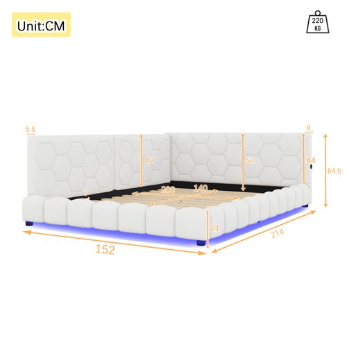 Lit Banquette 140x200 Cm Blanc Avec LED 16 Couleurs, USB-c, Tissu Doux Imitation Laine