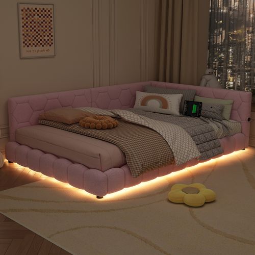 Lit Banquette 140x200 Cm Rose Avec LED 16 Couleurs, USB-c, Tissu Doux Imitation Laine