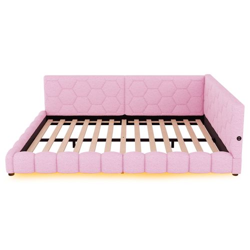 Lit Banquette 140x200 Cm Rose Avec LED 16 Couleurs, USB-c, Tissu Doux Imitation Laine