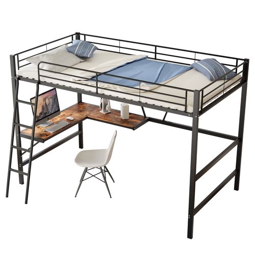 Lit Mezzanine 90x200 Cm En Métal Noir Avec Bureau En L Et Étagère, Pour Enfant Et Adulte