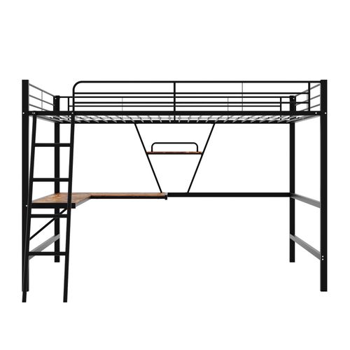 Lit Mezzanine 90x200 Cm En Métal Noir Avec Bureau En L Et Étagère, Pour Enfant Et Adulte