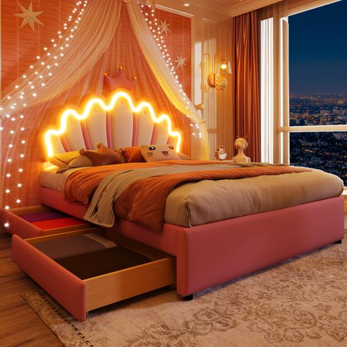 Lit 140x200 Cm Rose Style Princesse, LED Multicolores, Tête Réglable, 2 Tiroirs, Pu