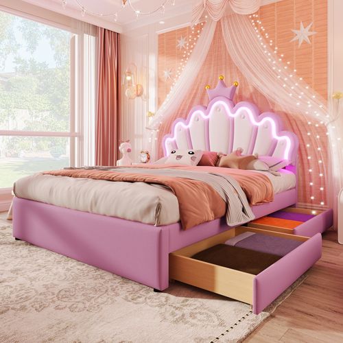 Lit 140x200 Cm Rose Style Princesse, LED Multicolores, Tête Réglable, 2 Tiroirs, Pu