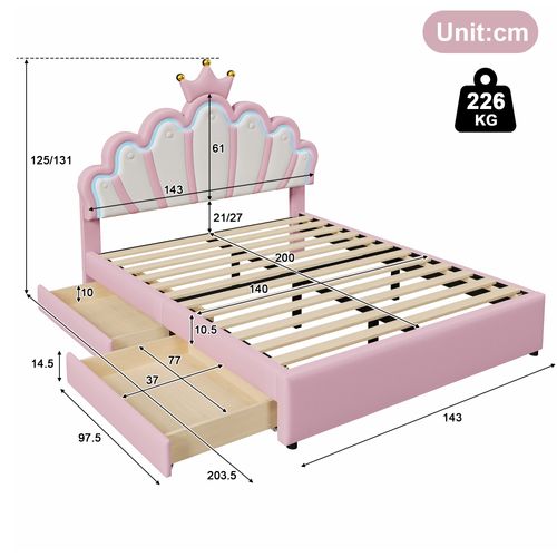 Lit 140x200 Cm Rose Style Princesse, LED Multicolores, Tête Réglable, 2 Tiroirs, Pu