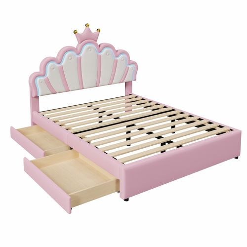 Lit 140x200 Cm Rose Style Princesse, LED Multicolores, Tête Réglable, 2 Tiroirs, Pu