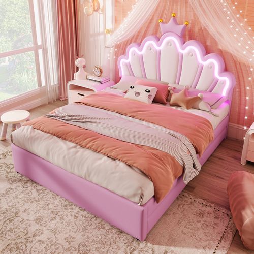 Lit 140x200 Cm Rose Style Princesse, LED Multicolores, Tête Réglable, 2 Tiroirs, Pu