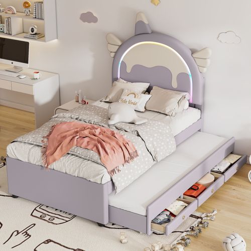 Lit Enfant Gigogne 90x200 Cm Violet, Forme Licorne, Tiroirs, Pu