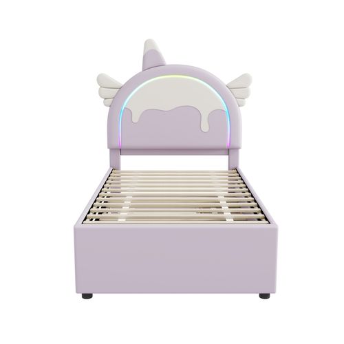 Lit Enfant Gigogne 90x200 Cm Violet, Forme Licorne, Tiroirs, Pu