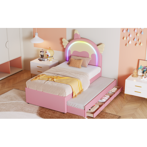 Lit Enfant 90x200 Cm Rose, Forme Licorne, Avec Lit Gigogne Et Tiroirs, Pu Facile à Nettoyer