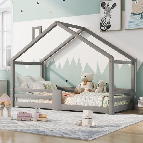 Lit Cabane Enfant 90x200 Cm En Bois De Pin, Avec Cheminée Et Barrière Anti-chute – Gris