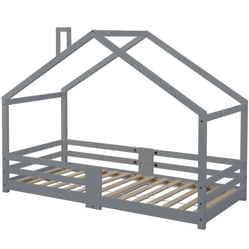 Lit Cabane Enfant 90x200 Cm En Bois De Pin, Avec Cheminée Et Barrière Anti-chute – Gris