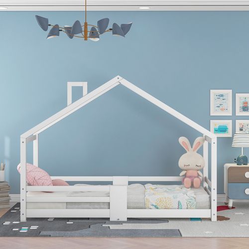 Lit Cabane Enfant 90x200 Cm En Bois De Pin, Avec Cheminée Et Barrière Anti-chute – Blanc