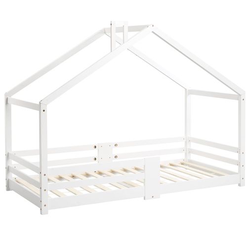 Lit Cabane Enfant 90x200 Cm En Bois De Pin, Avec Cheminée Et Barrière Anti-chute – Blanc