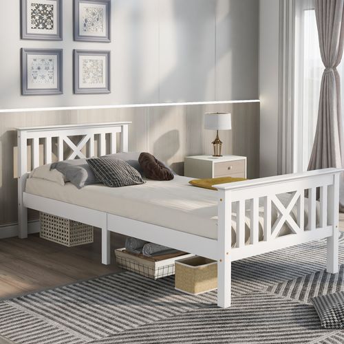 Lit Enfant 90x200 Cm Avec Tête De Lit Et Sommier à Lattes  – Pin Blanc
