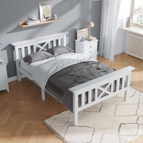 Lit Enfant 90x200 Cm Avec Tête De Lit Et Sommier à Lattes  – Pin Blanc