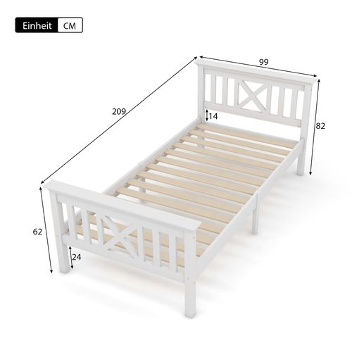 Lit Enfant 90x200 Cm Avec Tête De Lit Et Sommier à Lattes  – Pin Blanc