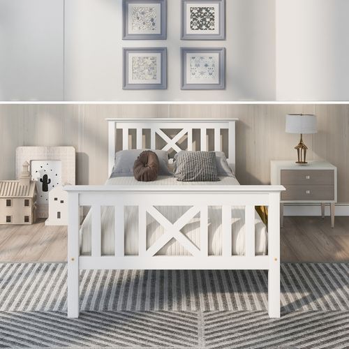 Lit Enfant 90x200 Cm Avec Tête De Lit Et Sommier à Lattes  – Pin Blanc