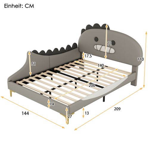 Lit Enfant 140x200 Cm Forme Dinosaure Cartoon – Pu Robuste – Vert