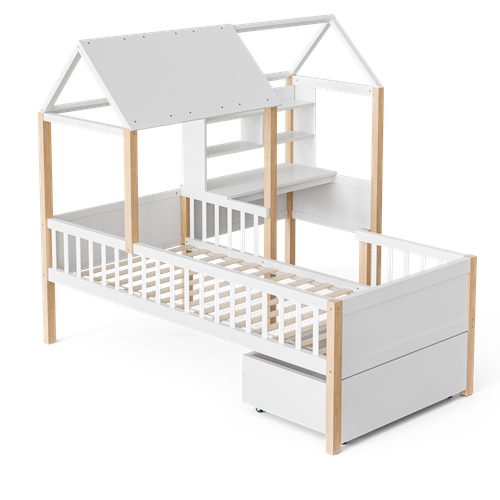 Lit Enfant Mi-haut 90x200 Cm Avec Bureau, Bibliothèque, Tiroirs, Sommier, Blanc
