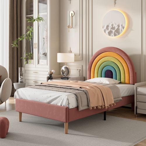 Lit Enfant 90x200 Cm Rose, Tête De Lit Réglable, Sommier Inclus, Design Arc-en-ciel, Velours