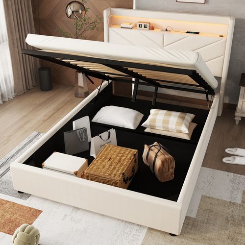 Lit Coffre Adulte 140x190 Cm Tissu Lin Avec LED, Rangement, USB, Beige